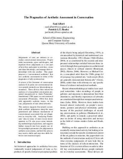 The Pragmatics of Aesthetic Assessments in Conversation The Pragmatics of Aesthetic Assessments in Conversation